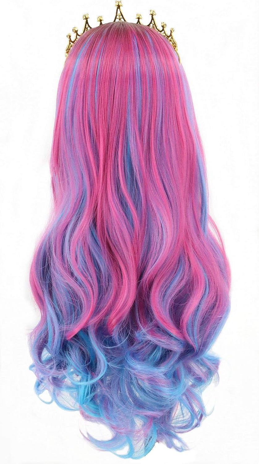 Topcosplay Audrey Wig for Kids Girls Long Wavy Pink Mixed Blue Wig Curly Costume Halloween Fancy Dress Wigs - Image 5