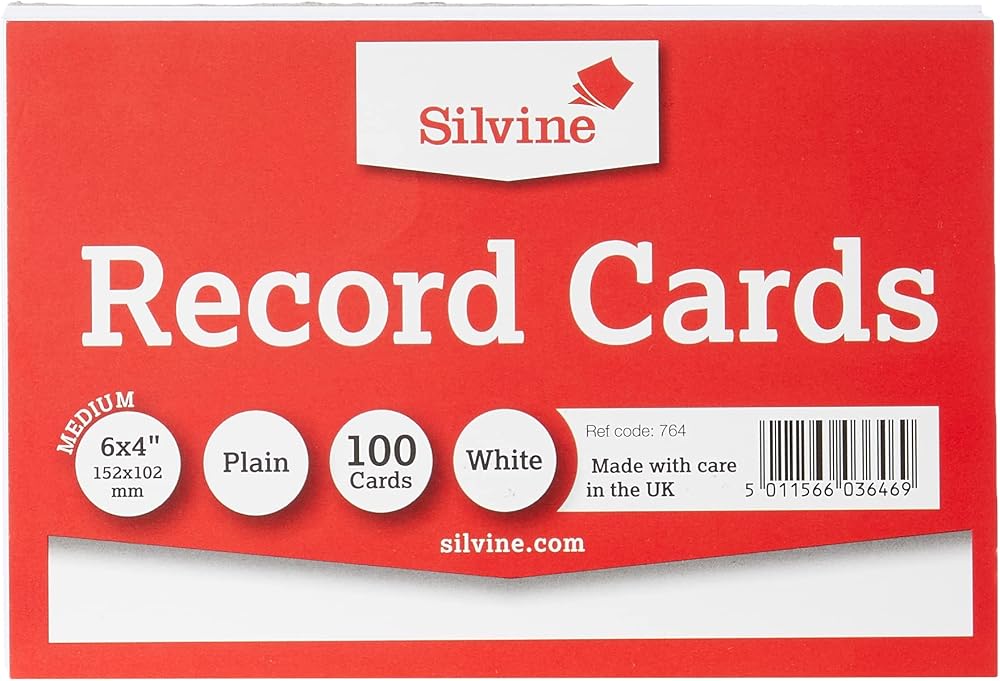 Silvine Record Cards 152x102 mm Plain Pack of 100 White 764