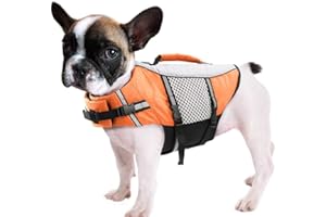QUEENMORE Dog Life Jacket Swimming Vest Lightweight High Reflective Pet Lifesaver with Lift Handle, Leash Ring Orange,XS