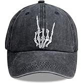 Unisex Skull Skeleton Hand Hat, Embroidered Halloween Bones Finger Adjustable Washed Cotton Denim Baseball Cap