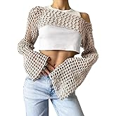KEOMUD Crochet Crop Tops for Women Y2K Going Out Top Hollow Out Knit Bikini Beach See Through Cover Ups Fashion