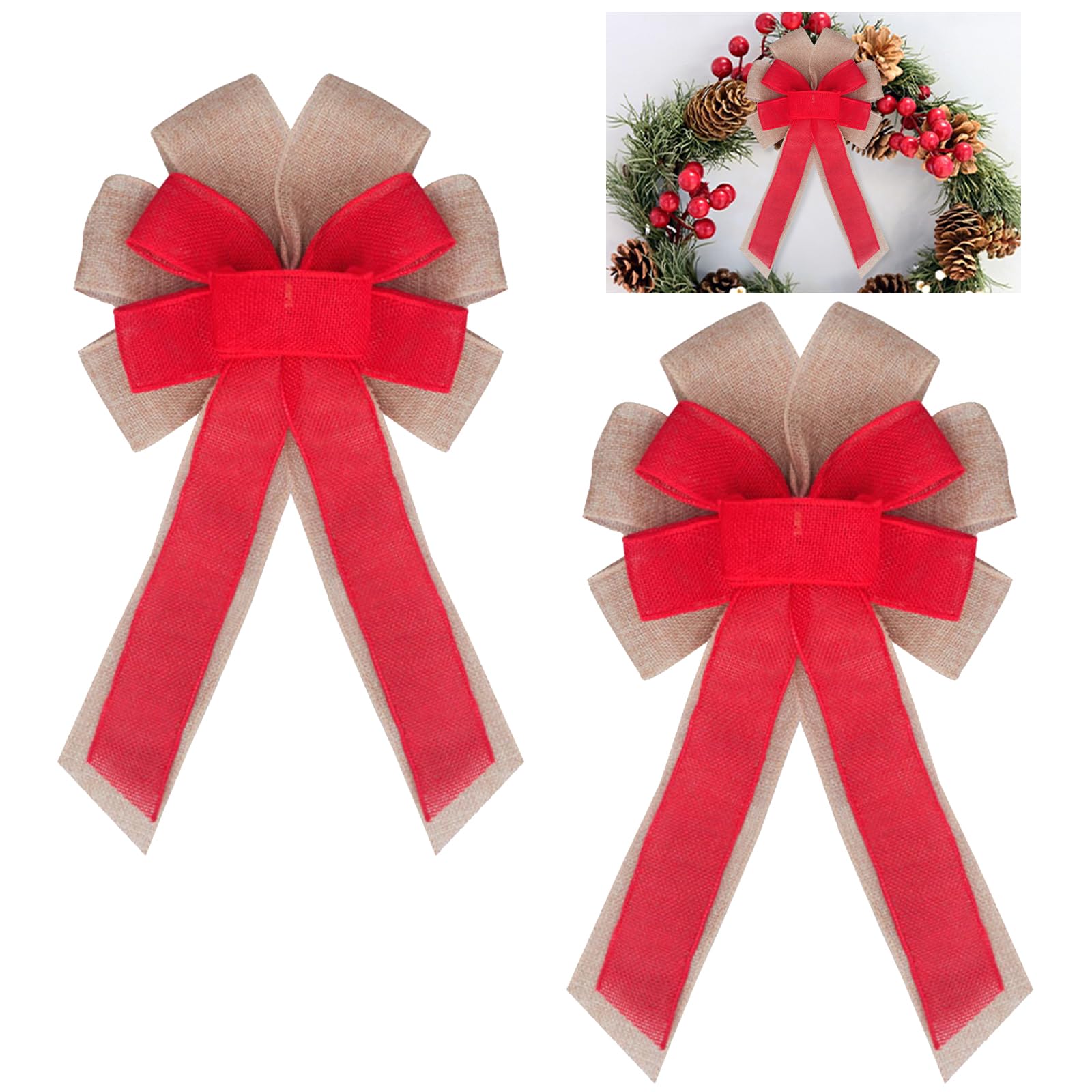 Fnaobai 2Pack Large Burlap Bows Pre-Tied Christmas Tree Wreath Gift Jute Bowknot Ornaments for Christmas Easter Party Holiday Wedding Decorations 40 * 20CM (Red)