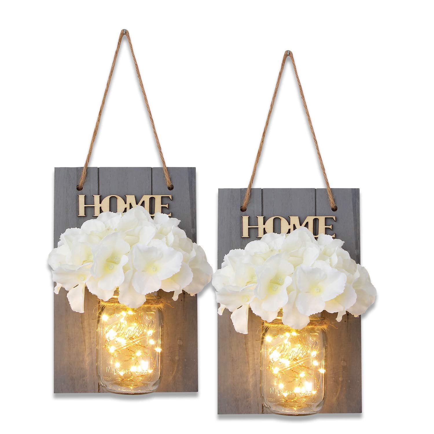 Rustic Mason Jar Wall Decor Sconces - Decorative Home Lighted Country House Hanging with LED Fairy Strip Lights and Flowers Handcrafted Farmhouse Sconce Jars (Set of 2) (Mason Grey)