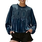 Women's Long Sleeve Velvet Tops Lace Trim Elegant Flared Swing Babydoll Blouses Shirts(Blue, XS)