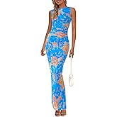 PRETTYGARDEN Womens Summer Wedding Guest Dress 2026 Spring Mesh Sleeveless Bodycon Ruched Floral Holiday Maxi Long Dresses