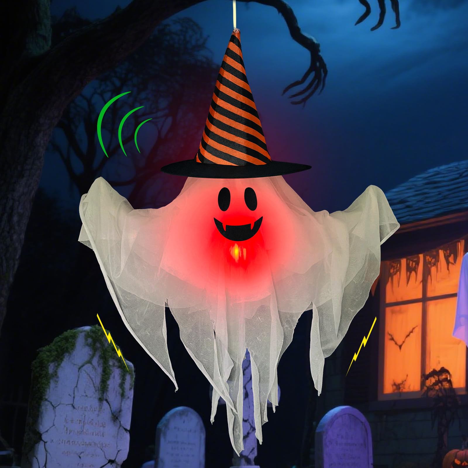 Photo 1 of [ Sound Activated ] Light up Halloween Animatronics Hanging Ghost Decorations with Creepy Sound & Shake Hands, Lighted Flying Ghost Scary Halloween Props Decor Outdoor Yard Patio Haunted House