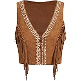OYOANGLE Women's Button Front Fringe Cowgirl Vest Embroidered V Neck Sleeveless Crop Jackets
