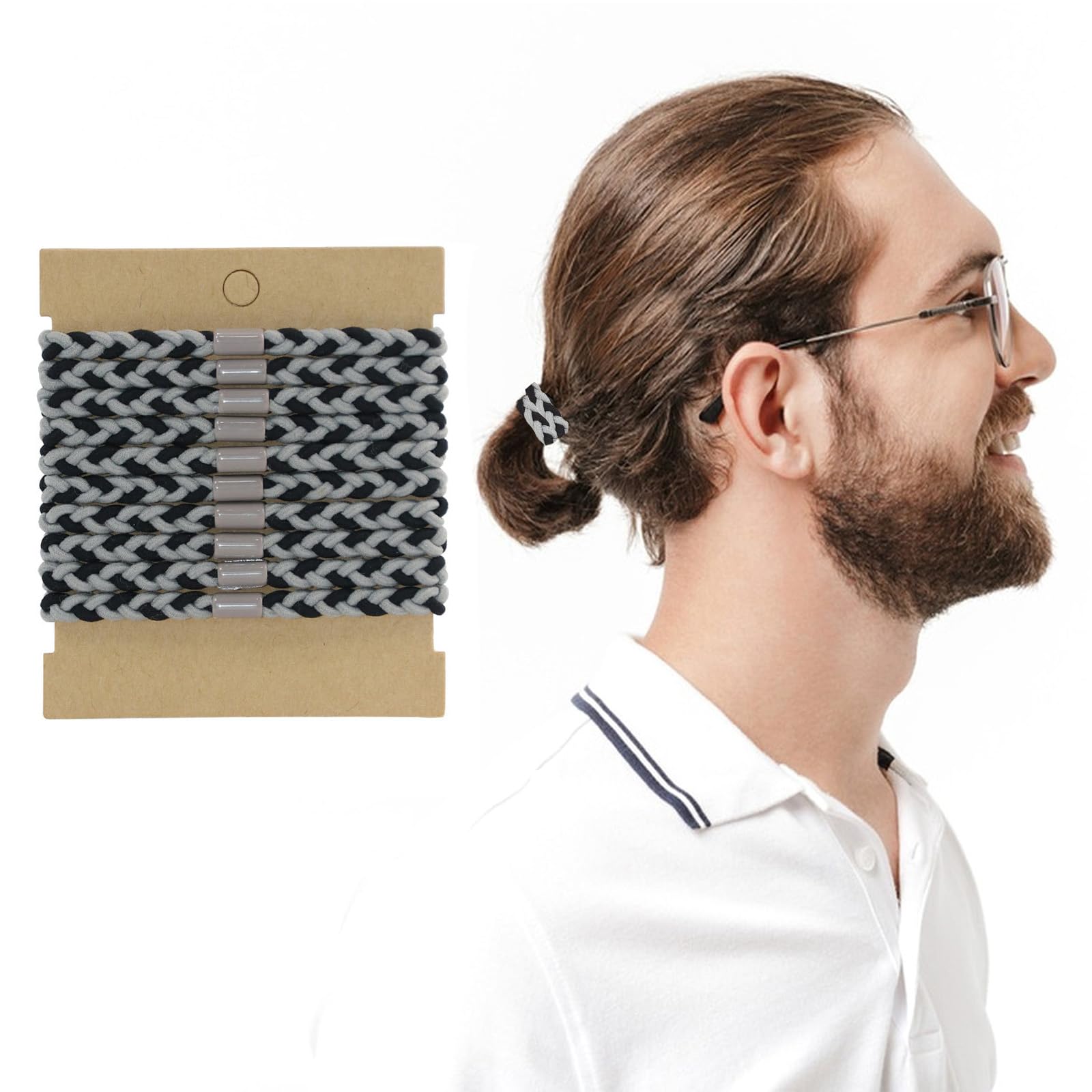 Hair Ties For Men, 10 Pcs Braided Elastic Mens Hair Bands No Damage Crease Breakage Hair Ties for Guys with Long Hair for Buns Curly Thick Dense Hair (Grey)