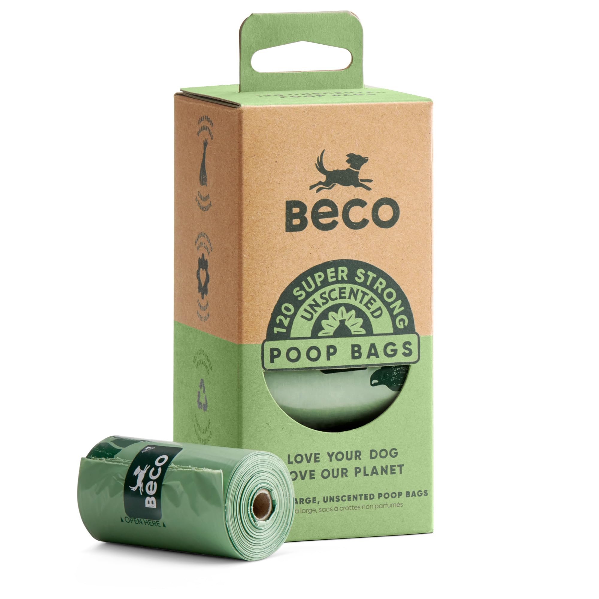 Beco Dog Poo Bags - Strong, Leakproof & Large - 100% Recycled Plastic, Extra Thick Dog Poop Bags, Heavy Duty - Unscented Refill Rolls, 120 Count