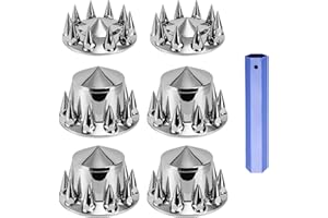 WEHYMNE Spiked Wheel Covers for Semi Trucks - 2 Front and 4 Rear Axle Hub Covers with 33mm Thread-On Chrome Lug Nut Covers for Semi Truck (Installation Tool Included)