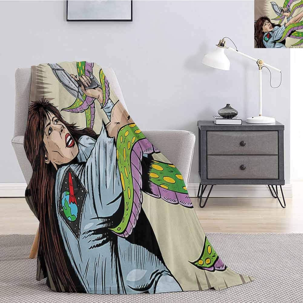 Luoiaax Outer Space Children's Blanket Alien Attacks Terrified Uniform Woman Human Against Monster Sci Fi Discovery Lightweight Soft Warm and Comfortable W70 x L90 Inch Multicolor