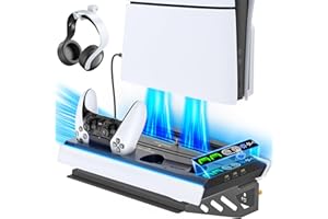 Wall Mount Kit With Charging Station & RGB Light for PS5 Edge & Dual Controller, Cooling Station With 3-Level Fan, Stand for 