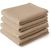Encasa XO Kitchen Dish Towels Set | Beige | Waffle Weave and Flat Hand Tea Towel | 28"x18" | Quick Drying Reusable Cotton Washcloths | Multipurpose Lightweight Dishcloths Set of 4