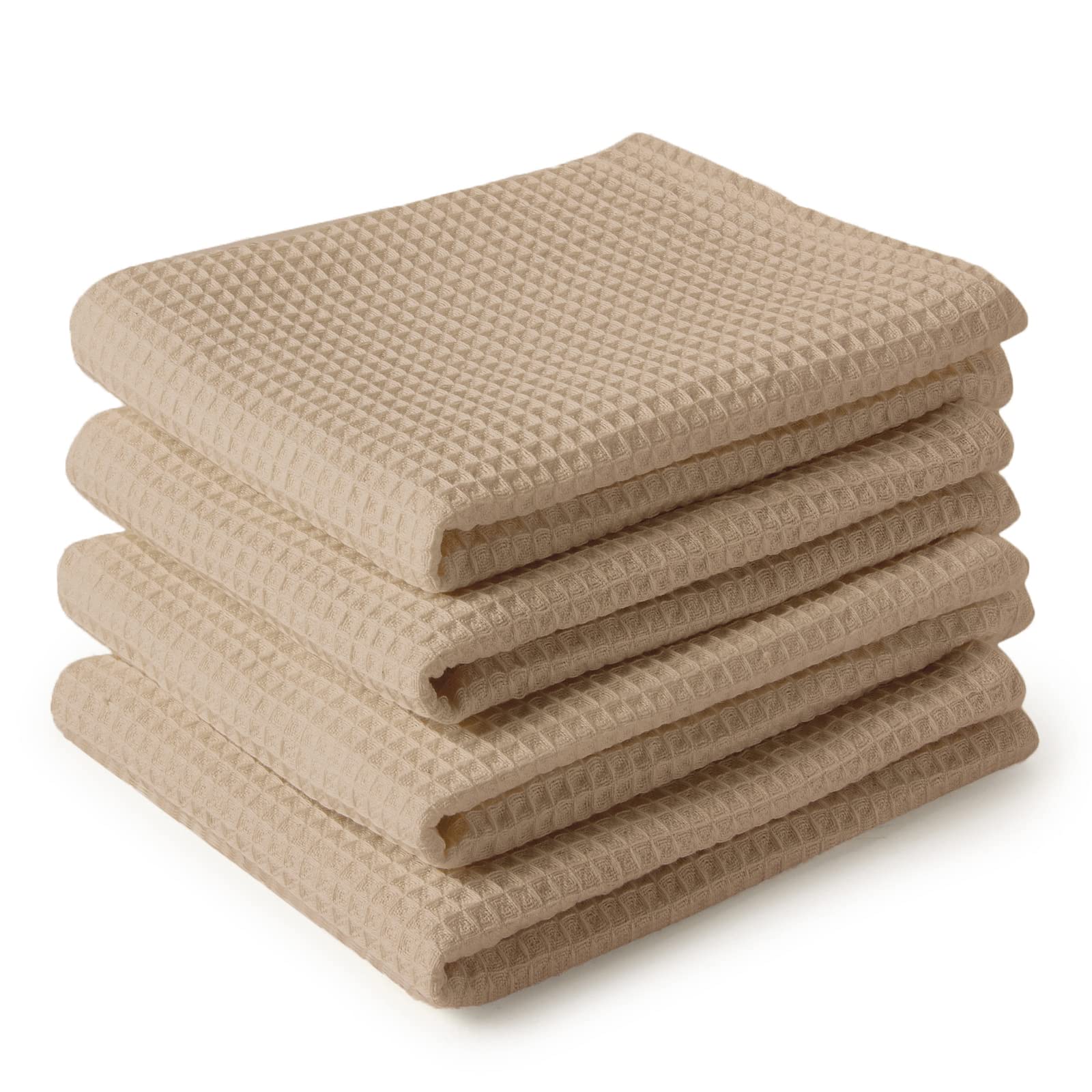 Encasa XO Kitchen Dish Towels Set | Beige | Waffle Weave and Flat Hand Tea Towel | 70x45 cm | Quick Drying Reusable Cotton Washcloths | Multipurpose Lightweight Dishcloths Set of 4