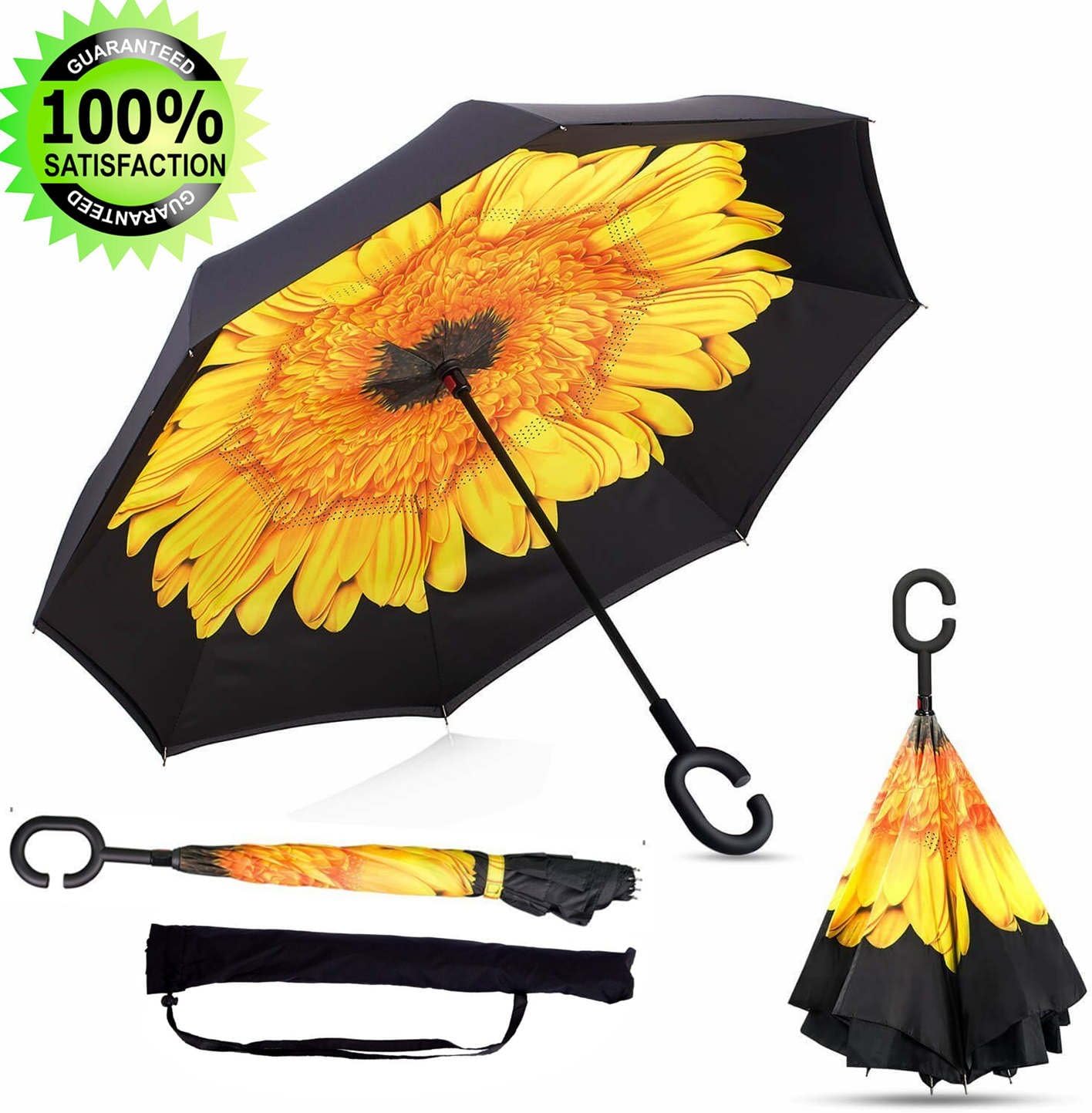 SkywonInverted Umbrella with Carry Bag Windproof Reverse Folding Umbrella C-handle Large Reversible Umbrella