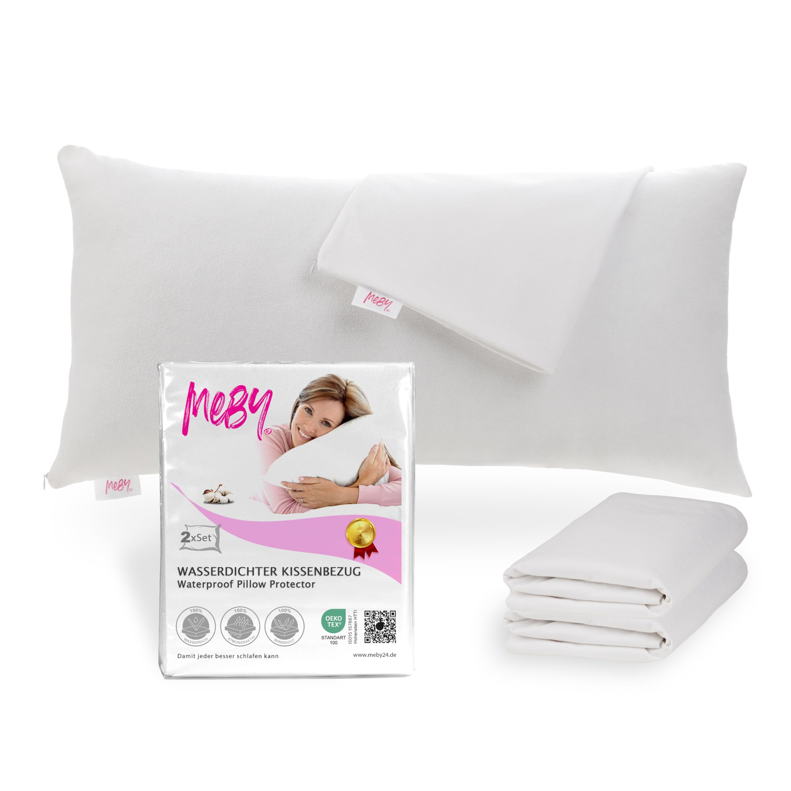 Set of 2 Waterproof Cotton Pillow Protectors with Hidden Zipper. Breathable Pillow Protector, Moisture Protection, Elastic, White (40 x 80 cm)