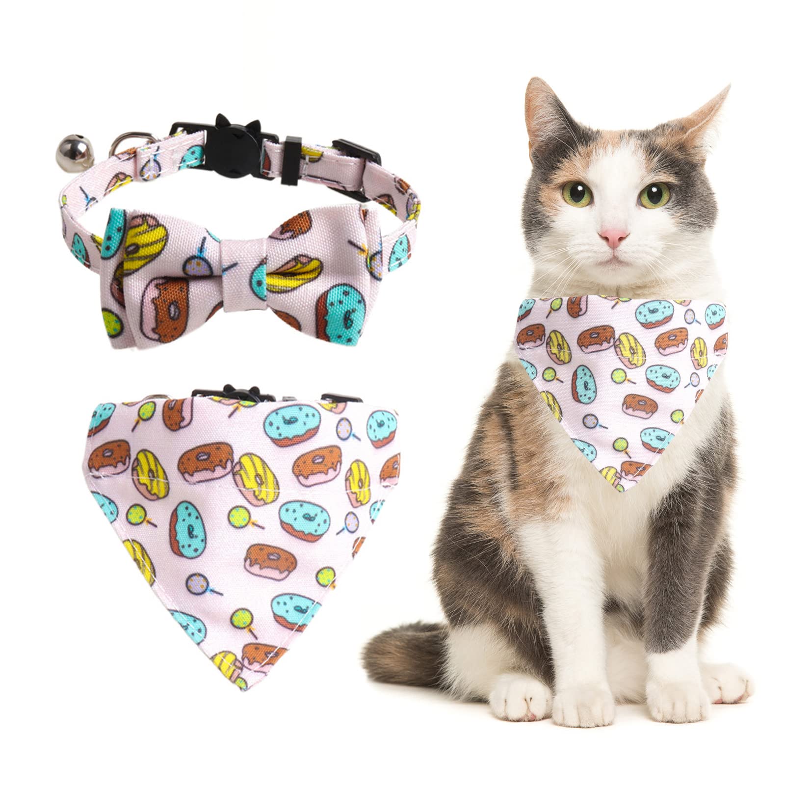 HACRAHO Bow Tie Cat Collar Bandana, 2 Pieces Adjustable Cat Collar Bandana Bells Set Cat Collars with Bells Detachable Bow Tie Bandana for Kitten and Puppies, Donut