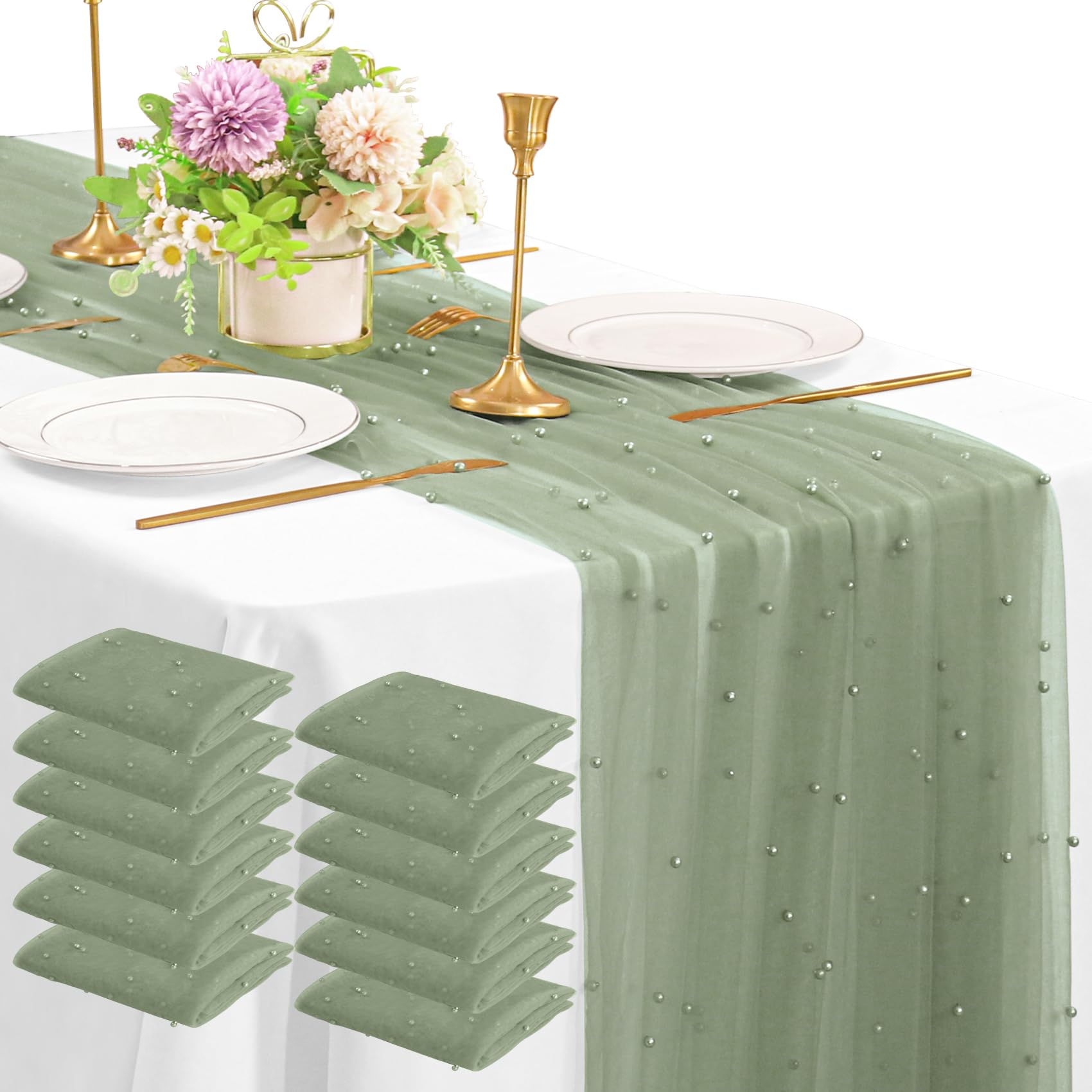 Photo 1 of 12 Pack 10FT Pearl Table Runner 30x120 Inch Sage Green Tulle Fabric Boho Rustic Sheer Table Runners Lace Table Cloth for Wedding Bridal Shower Birthday Party Arch Veil Dessert Table Decor (Sage Green)