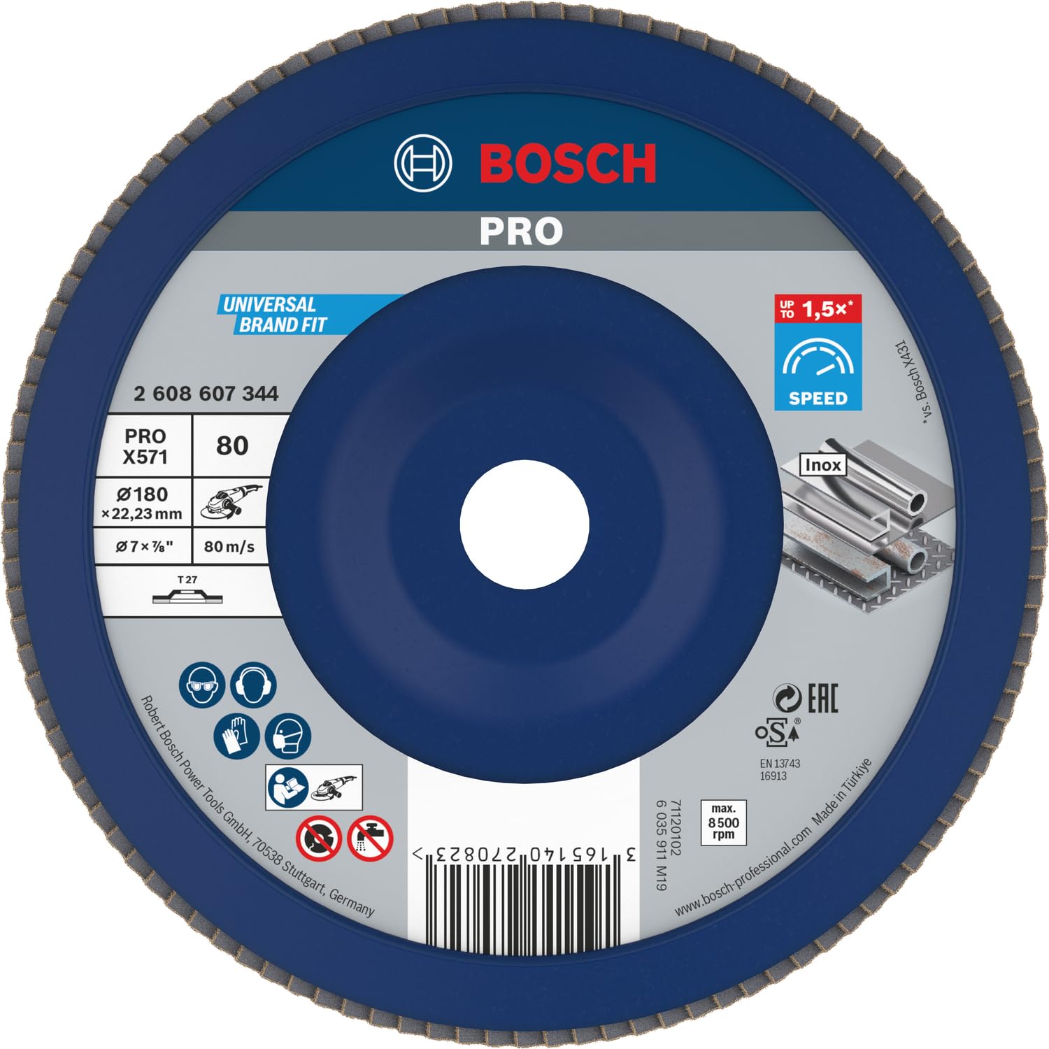 Bosch 1x PRO Metal X571 Flap Disc Straight Version Plastic for Large Angle Grinders (for Steel, Stainless steel, Ø 180 mm, Grit 80, Professional Accessory Large Angle Grinder)
