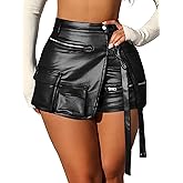 KANSOON Women Leather Shorts Metallic High Waisted Cargo Skort Sexy Rave Asymmetrical Skirt Skorts