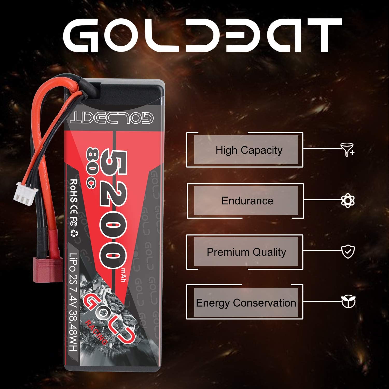 GOLDBAT 5200 mAh 7.4V 80C 2S Lipo Battery Hard case with Dean-Style T Connector for RC Car Truck Slash Slash 4x4, Emaxx - Image 5