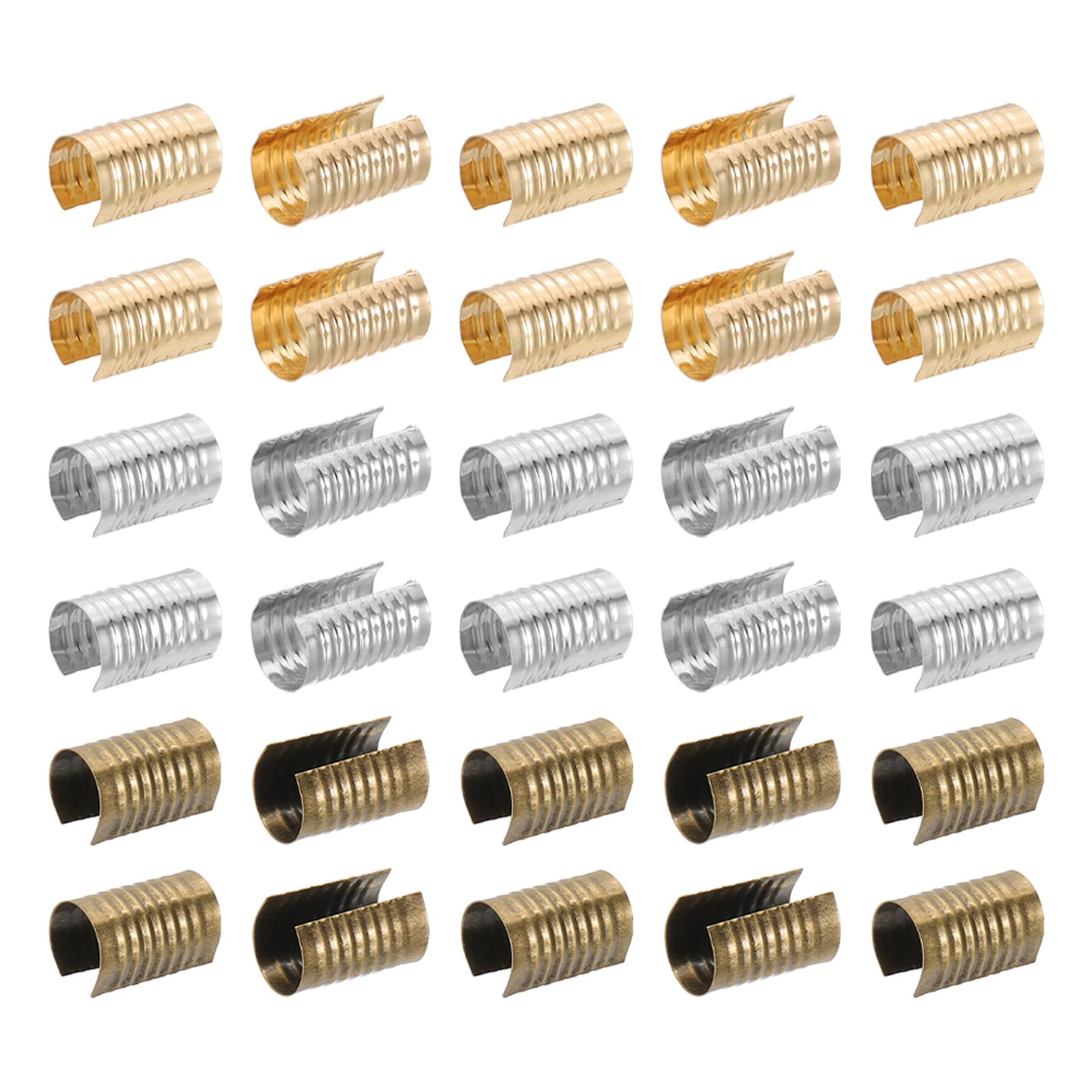 PATIKIL 14x8.5mm Leather Rope Clip, 120Pcs Metal Cylindrical Crimp Tubes Foldable End Cap Opening Crimps Fastener for Jewelry Making Tassel Leather Cords DIY Craft, 3 Color