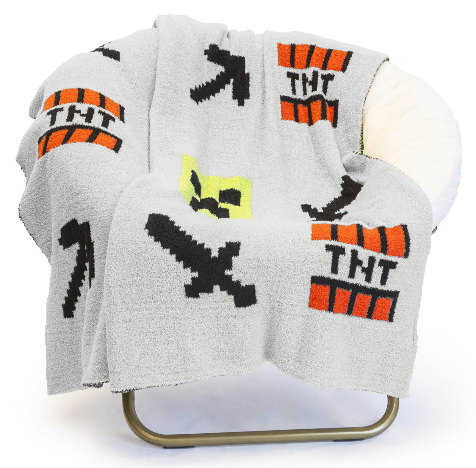 Minecraft Feather Knit Fluffy Throw Blanket - Creeper and Weapons Fuzzy Blanket Measures 50 x 60 Inch, Super Soft Lightweight Gamer Bedding Image