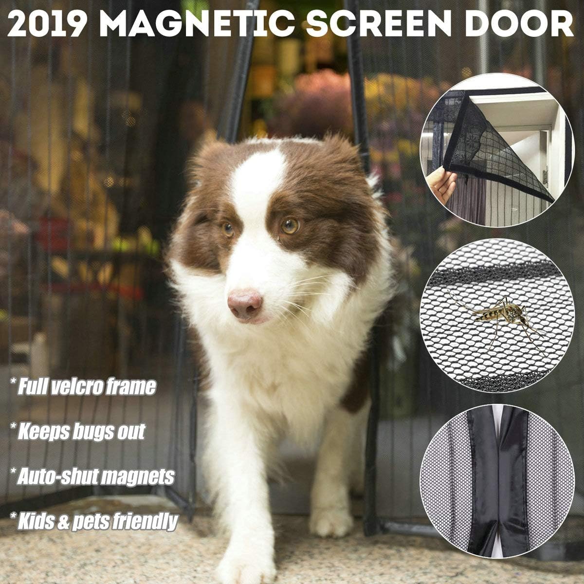 Upgrade Magnetic Screen Door with Heavy Duty Mesh Curtain and Reinforced Full Frame Adhesive Hook Tape Fits Door Size up to 36"-82", Black