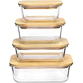 Vtopmart Glass Food Storage Containers with Bamboo Lids, 4 Pack Meal Prep Glass Containers Safe for Microwave, Oven, Freezer and Dishwasher, BPA Free