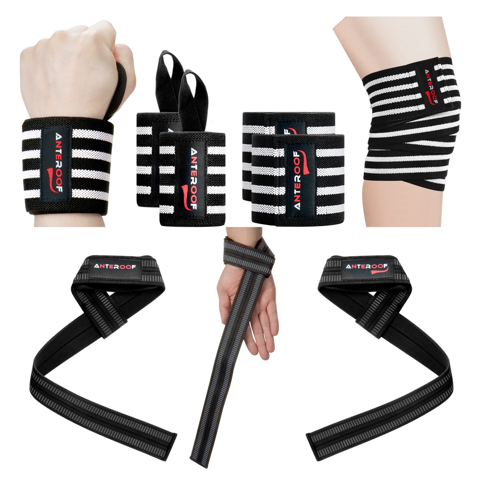 ANTEROOF Strength Training Essentials: Knee Wraps, Wrist Wraps, and Lifting Straps Set - Ultimate Gym Protection for Weightlifting, Bodybuilding, and Fitness Workouts (White Stripe)