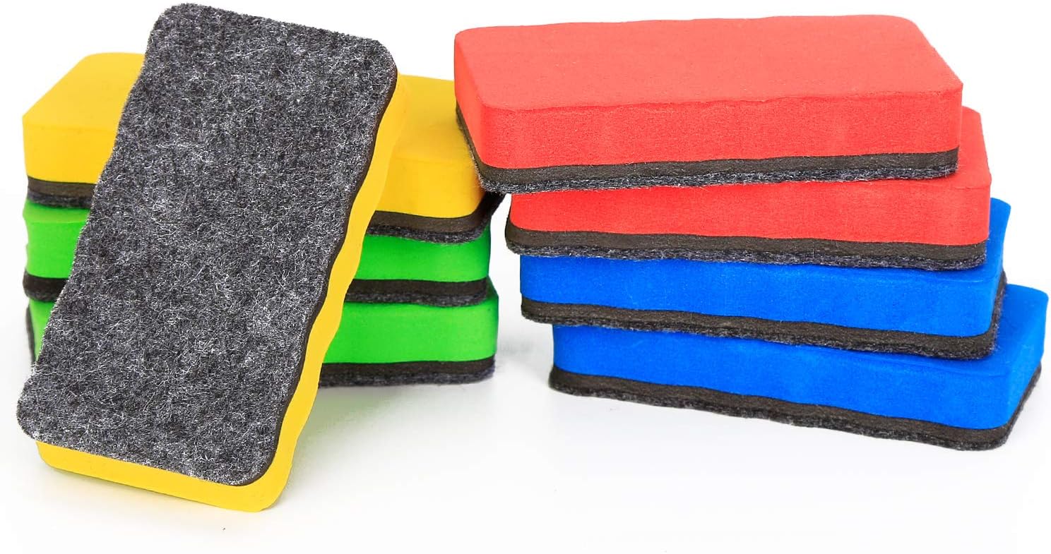 8 Pack Magnetic Dry Eraser - Wellerly Whiteboard Erasers Chalkboard Cleaners Eraser Dry Erase Wipe for Classroom Home Office School Teacher (Blue+Yellow+Red+Green, 4.2inch x 2.2inch x 0.8inch)
