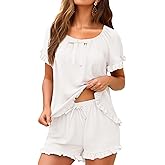 KFUBUO Womens Pajamas Set 2 Piece Ruffle Pj Soft Short Sleeve Tops and Shorts Sleepwear Set Cute Pajama Sets for Women