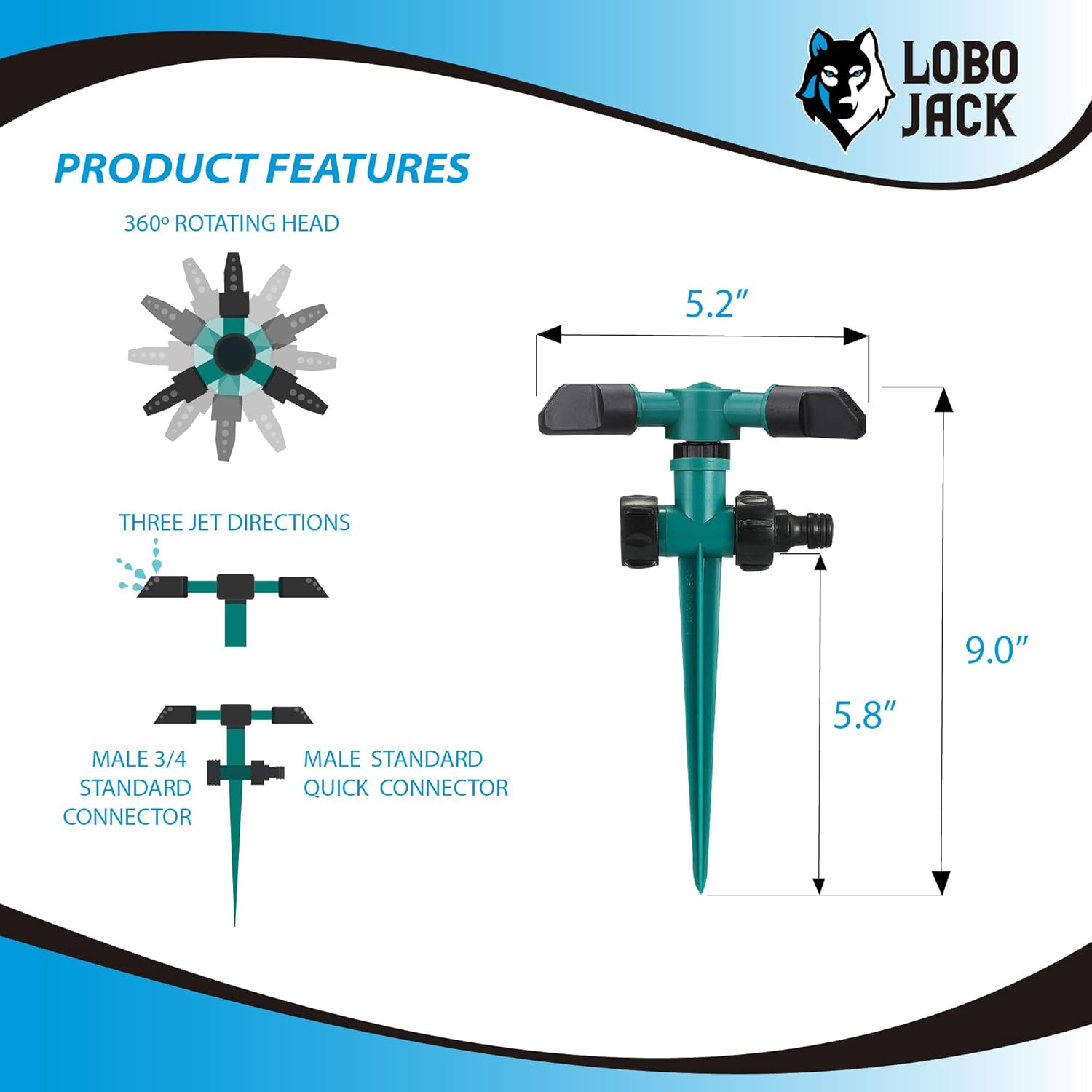 LoboJack 3 Arms Sprinkler for Lawn Garden Watering, 360 Degree Automatically Rotating, Up to 32 ft. of Irrigation : Garden & Outdoor