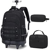 ACESAK 3PCS Camo Rolling Backpack for Boys with Lunch Box Pencil Case | Camo Backpack with Wheels for Boys Tactical Military Kids Suitcase for Teens Elementary Middle High School (Black)