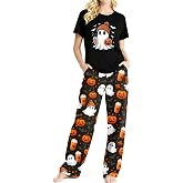 VVNTY Halloween Pajamas for Women: Fall Short Sleeve Pj Sets with Long Pant Halloween Party Sleepwear