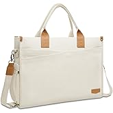 MOSISO Laptop Tote Bag for Women, 15-15.6 inch Canvas Laptop Bag, Large Capacity Work Computer Shoulder Handbag with Cup Holder for Travel, Office, College, Beige