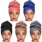 ZRQ 5 Pieces Stretch Headwrap Scarf Jersey Turban Fashion Headwear Boho Extra Long Scarf Soft Breathable Easy Knot Hijab Tie for Black Women (Black,Camel,Denim Blue,Watermelon Red,Dark Grey)