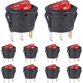VEXUNGA Round Rocker Switch Red Light Illuminated On Off 3 Pin 2 Position Mini Rocker Switch 125V 10A 250V 6A KCD1 Small Circle Toggle Switches for RV Car Truck Boat (Pack of 10pcs)
