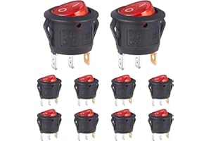 VEXUNGA Round Rocker Switch Red Light Illuminated On Off 3 Pin 2 Position Mini Rocker Switch 125V 10A 250V 6A KCD1 Small Circle Toggle Switches for RV Car Truck Boat (Pack of 10pcs)
