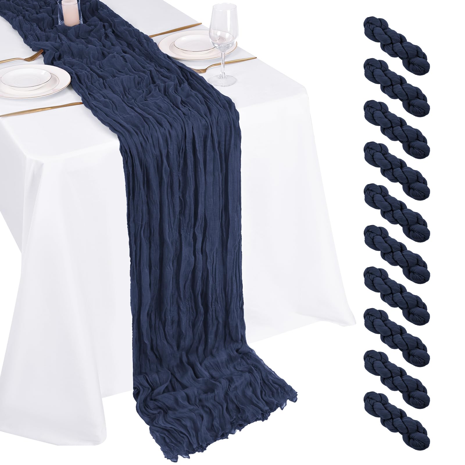 Photo 1 of 10 Pack Navy Blue Cheesecloth Table Runner 17x108 Inch Boho Gauze Cheese Cloth Table Runners for Wedding Party Baby Shower Birthday Home Decor