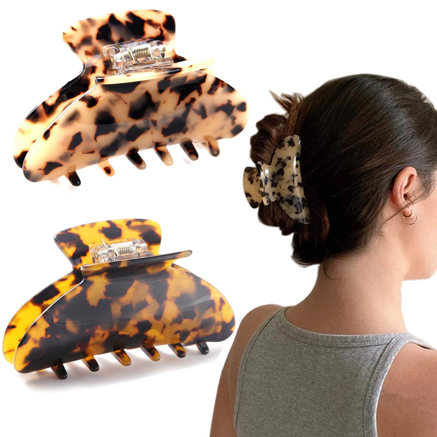 Large Hair Claw Clips for Women,Tortoise Shell Strong Hold Big Claw Clip for Fine Thick Hair,3.5 Inch French Design No Slip Grip Hair Jaw Clips,2 Pack