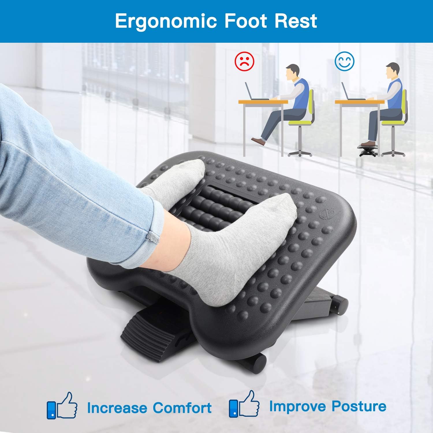 HUANUO Footrest Under Desk - Adjustable Foot Rest with Massage Texture and Roller, Ergonomic Foot Rest with 3 Height Position, 30 Degree Tilt Angle Adjustment for Home, Office : Office Products
