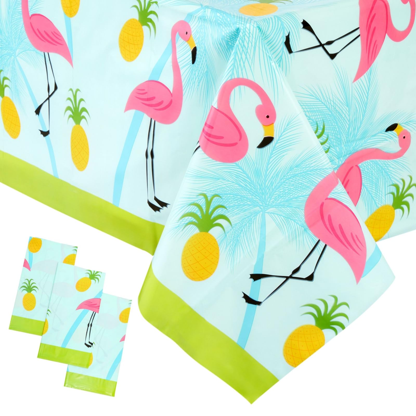 Photo 1 of 3-Pack Flamingo Pattern Tablecloth for Pineapple Themed Birthday Decorations, Plastic Table Cover for Tropical Hawaiian and Flamingo Themed Party Supplies, Summer Pool Party (54x108 Inches)