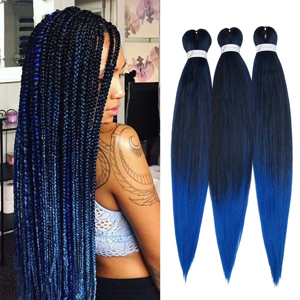 26" Pre Stretched Braiding Hair Professional Hot Water Setting Synthetic Fiber Crochet Braids Braiding Hair Extensions Twist Braid 3 Bundles/Lot Black to Dark Blue