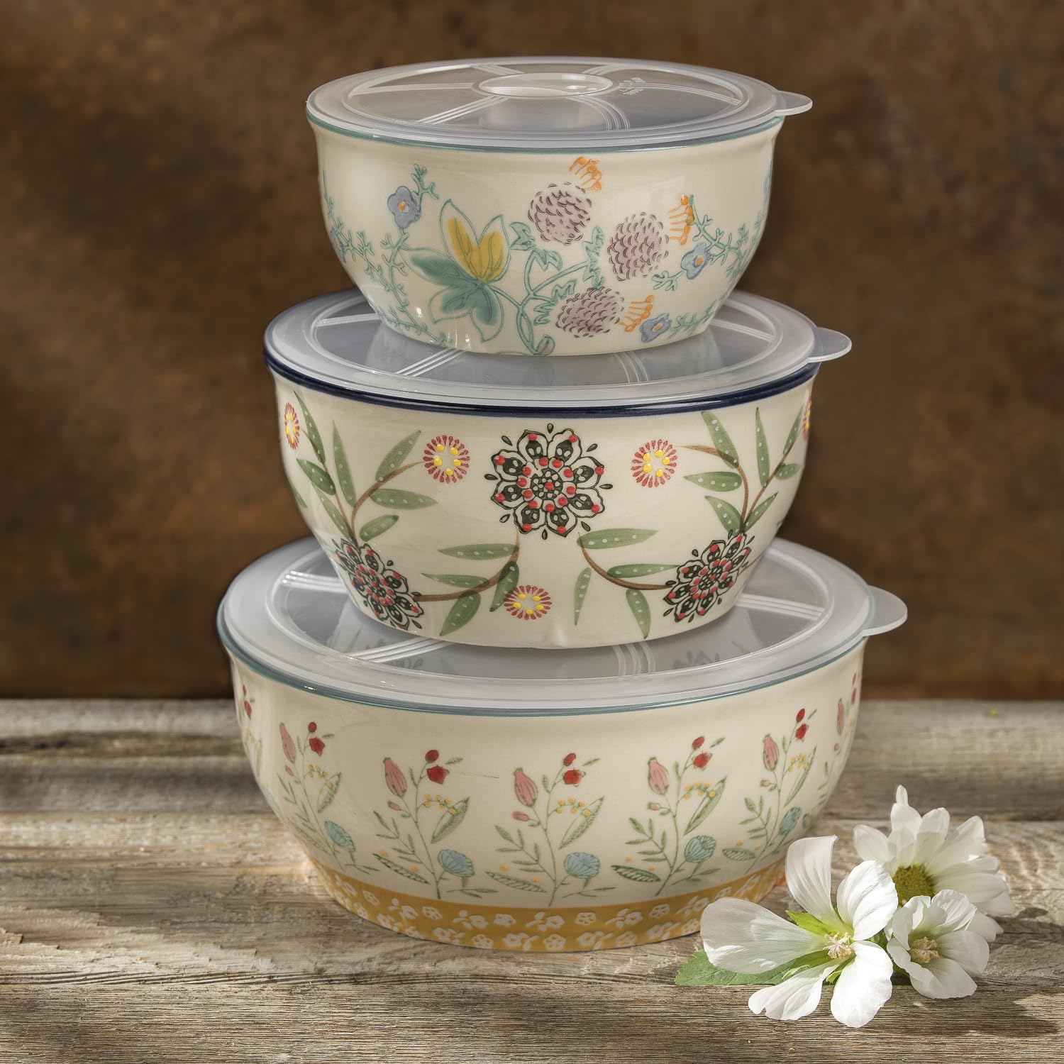 Euro Ceramica Ella 3 Piece Nesting Storage Bowls Set with Lids Assorted Multicolor Asian Floral Design