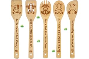 Cow Wooden Cooking Spoons 5Pcs, Highland Cow Gifts for Women Cow Kitchen Decor for Cow Lovers Bamboo Wooden Spoons for Cookin