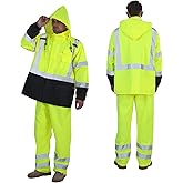 sesafety Hi Vis Rain Jacket, Rain Suits for Men Waterproof withBlack Bottom, Rain Coats for Men Interior Mesh, Class 3 HighVisibility Rain Gear,Removable Hood