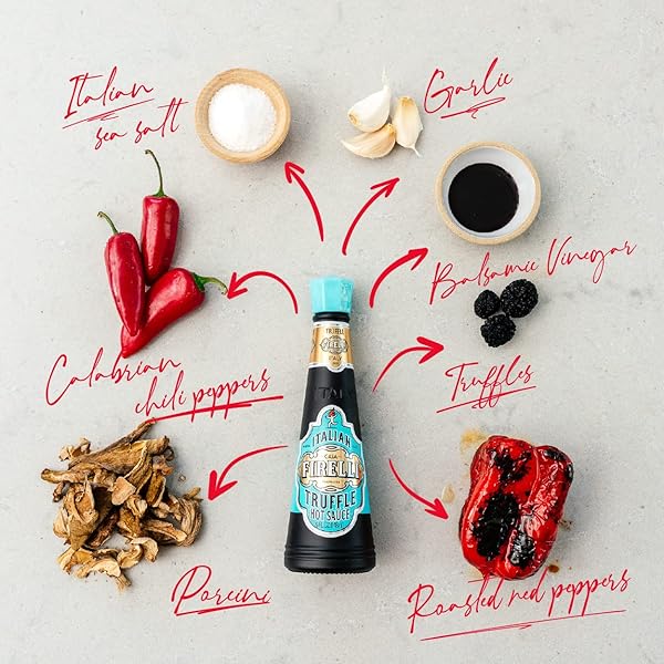 FIRELLI TRUFFLE HOT SAUCE | 5OZ BOTTLE (PACK OF 1) | ITALIAN HOT SAUCE PERFECT FOR TRUFFLE FRIES, SANDWICHES, PIZZA | GREAT FLAVOR, GLUTEN FREE, KETO, MADE IN ITALY WITH CALABRIAN CHILI PEPPERS