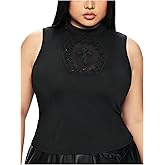 Verdusa Women's Plus Size Y2K Gothic Lace Cross Graphic Tank Top Sleeveless Mock Neck Fitted Tops
