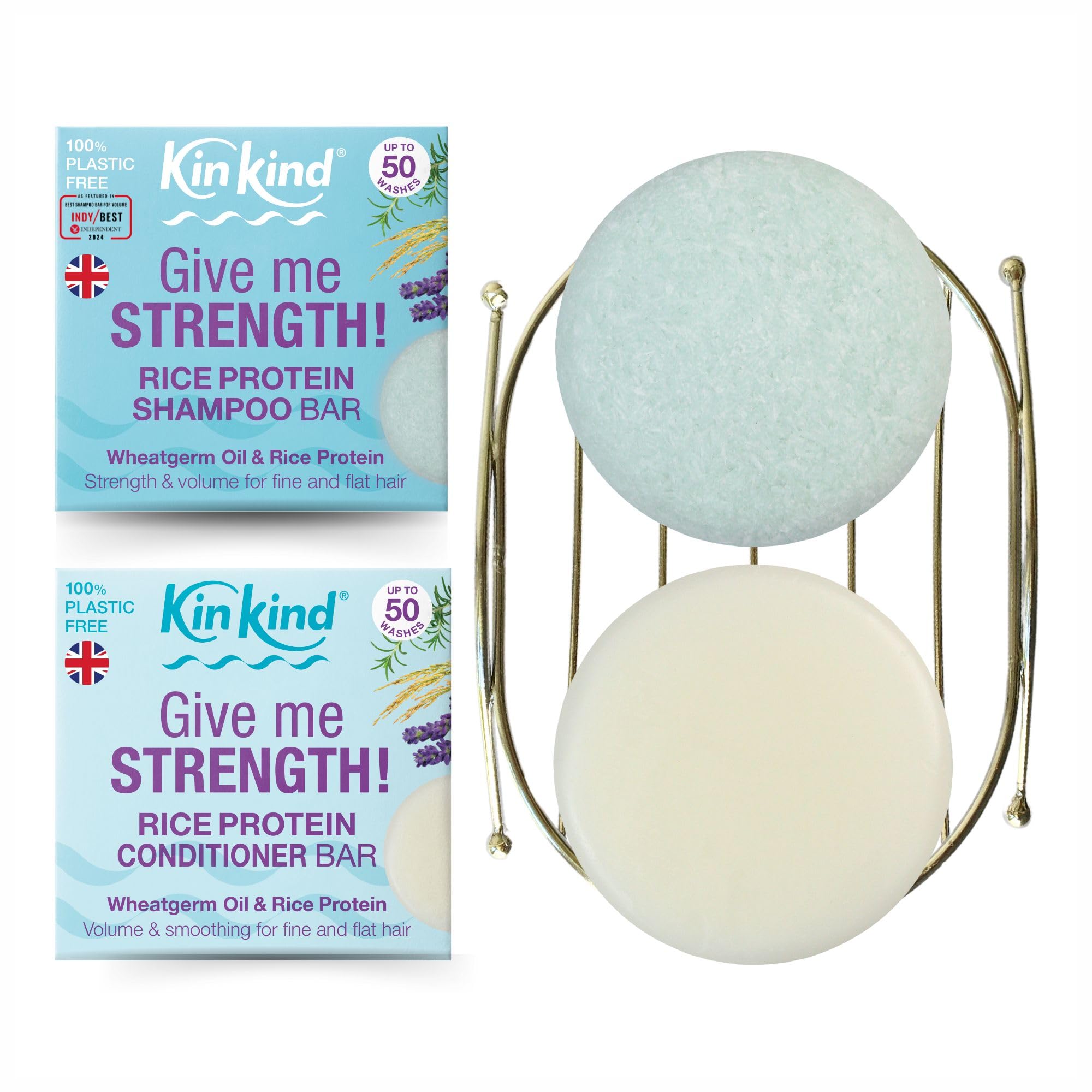 KinKind Give me STRENGTH! Shampoo Bar and Conditioner Bar Starter gift set with Soap Dish storage rack. Volume for fine & flat hair. Rosemary Oil & Wheatgerm Oil. Up to 50 washes. Vegan. UK made.